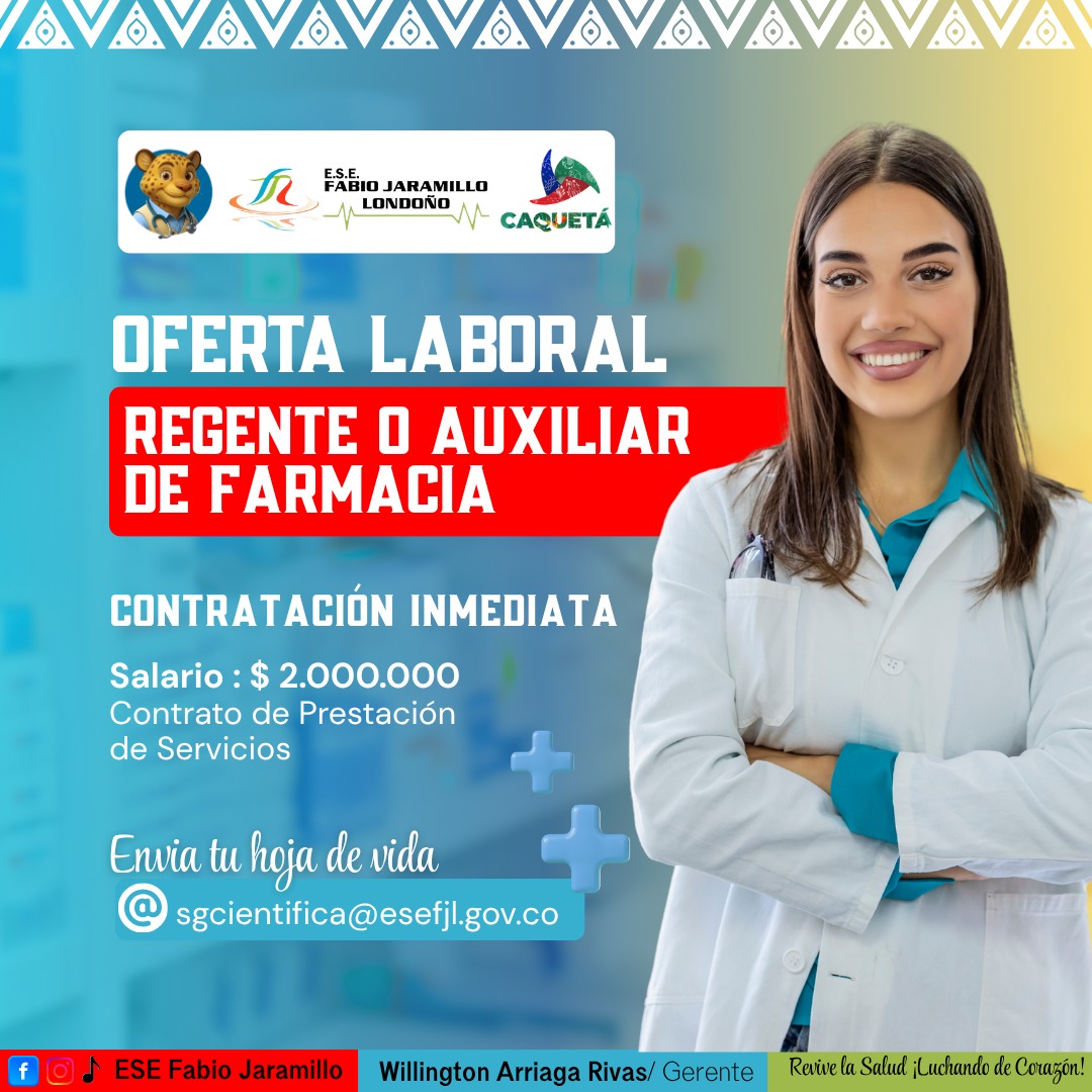 Vacante: Regente o Auxiliar de Farmacia