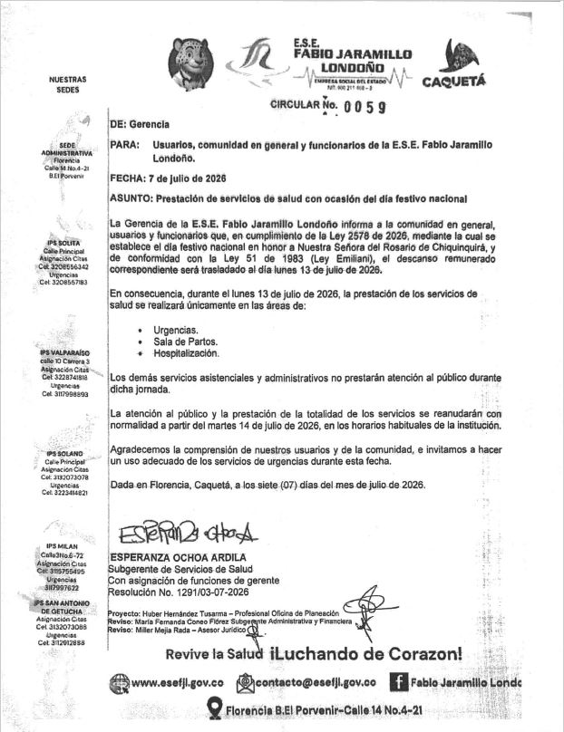 Circular No. 0059, Prestación de servicios de salud con ocasión del día festivo nacional, para conocimiento y fines pertinentes